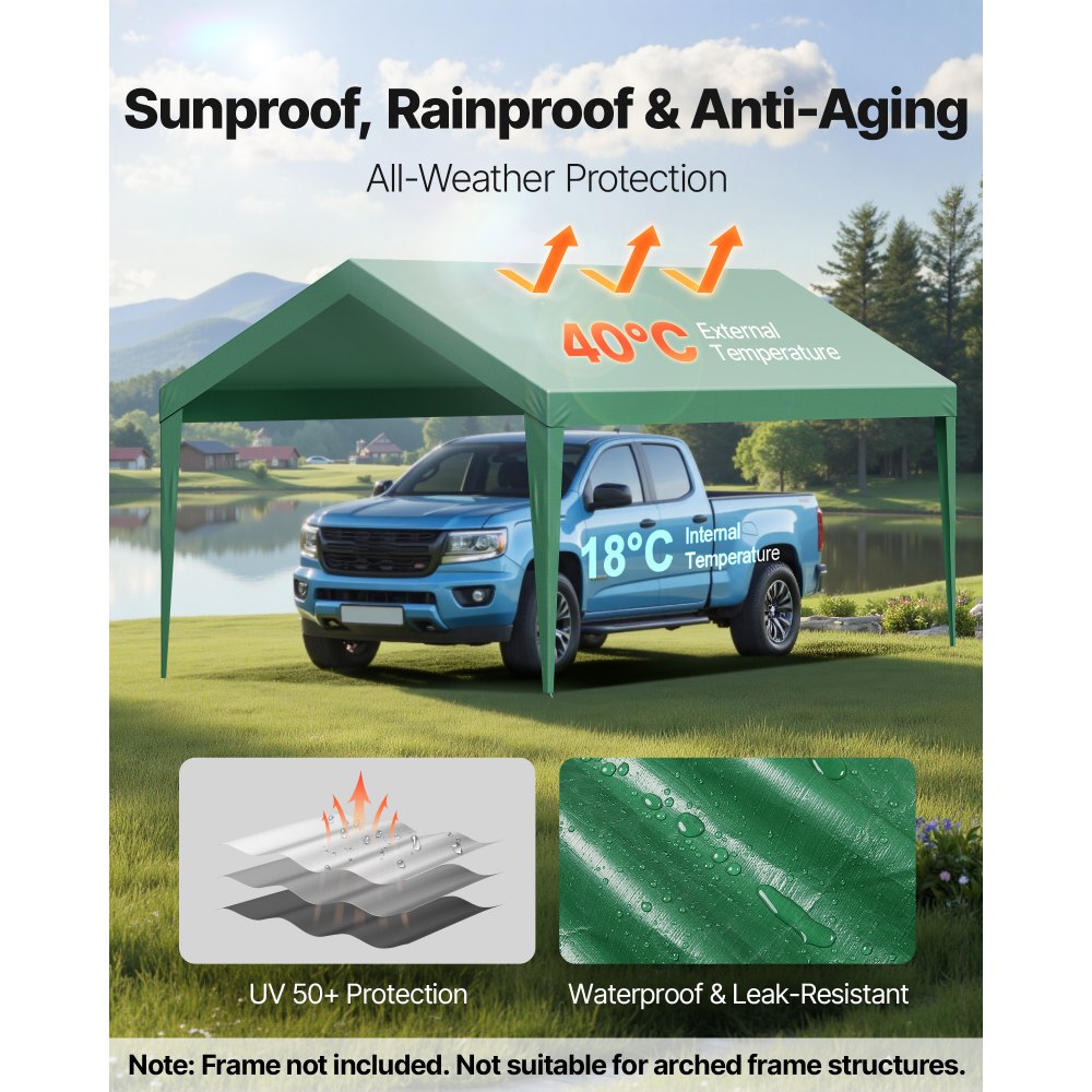 VEVOR Carport Replacement Canopy, 10 x 20 ft Potable Garage Tent Top Tarp, UV-Resistant & Waterproof Car Shelter Tarp