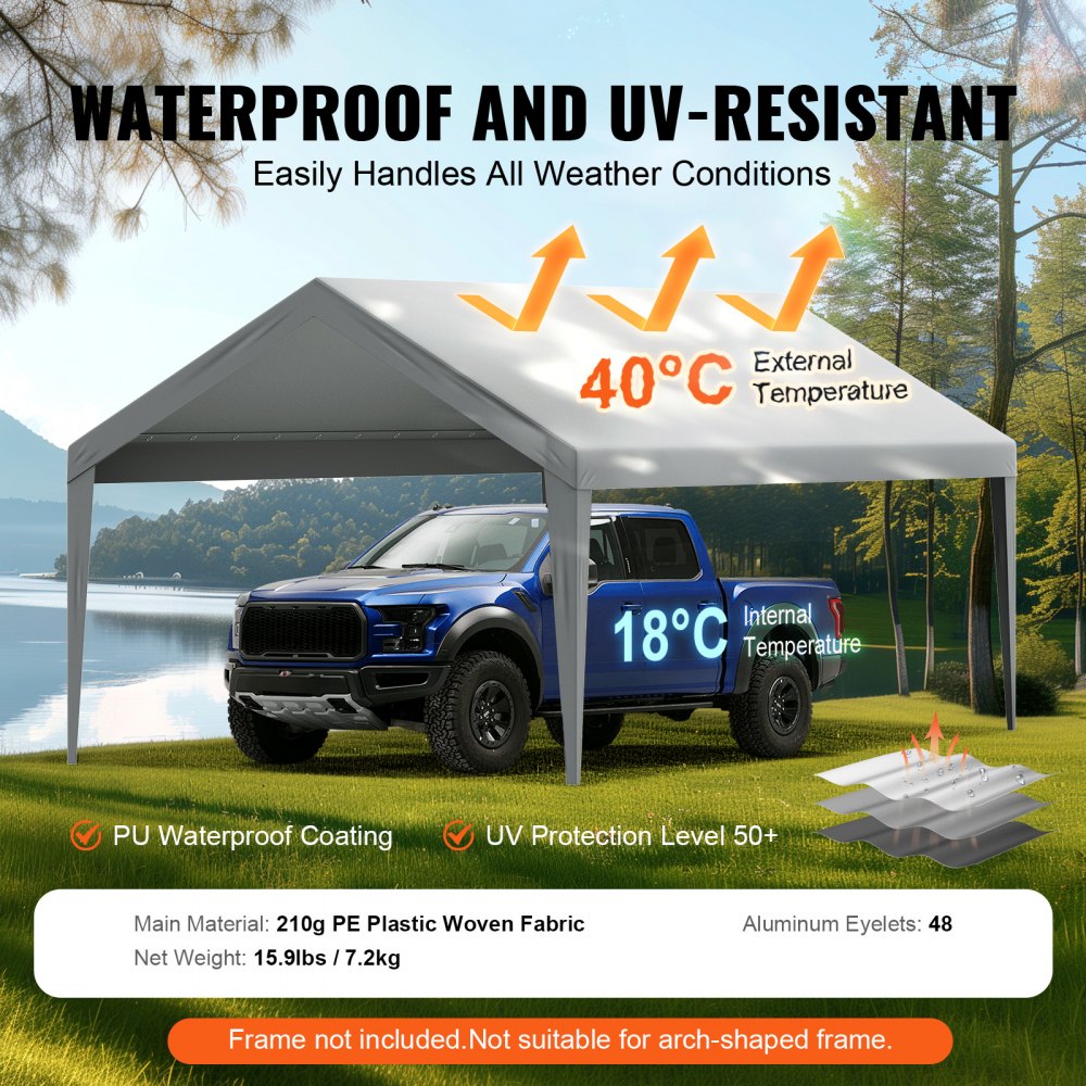 VEVOR Carport Replacement Canopy Cover 12 x 20 ft, Garage Top Tent Shelter Tarp Heavy-Duty Waterproof & UV Protected