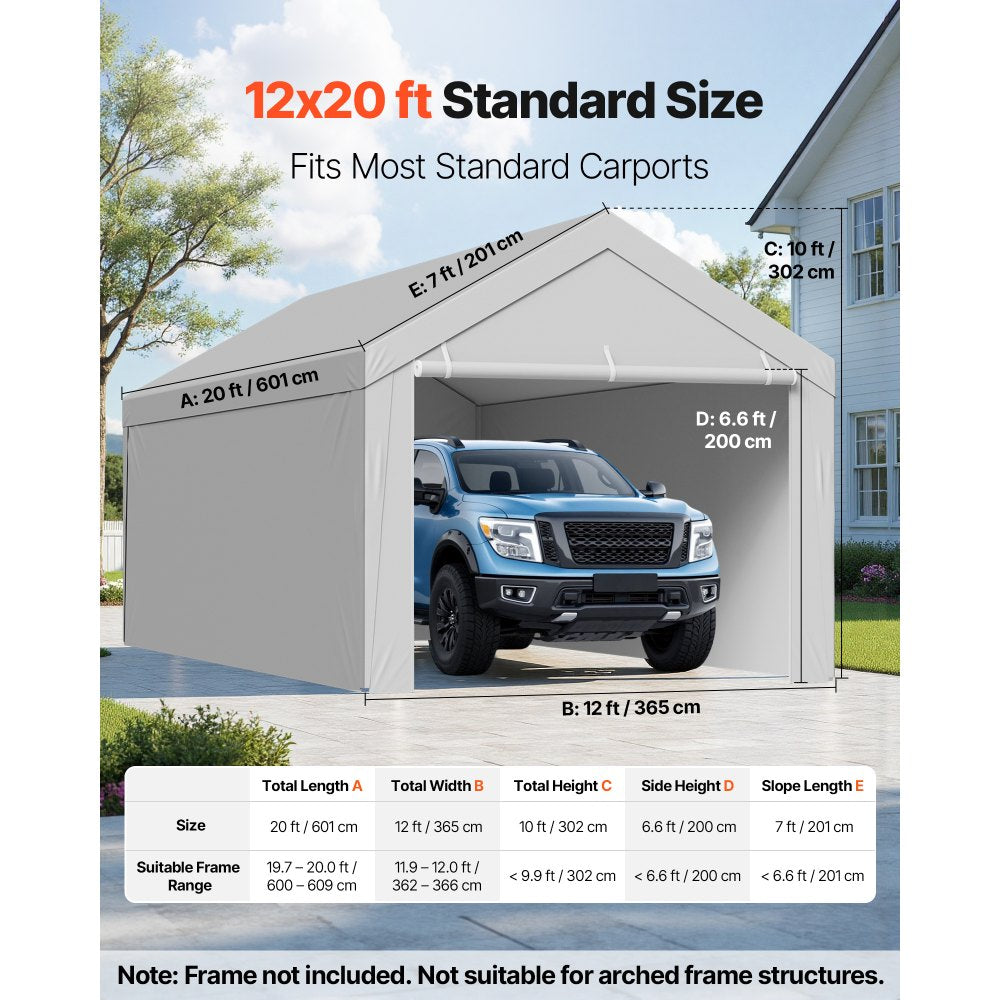 VEVOR Carport Replacement Canopy, 12 x 20 ft Potable Garage Tent Top Tarp with Sidewalls, UV-Resistant & Waterproof