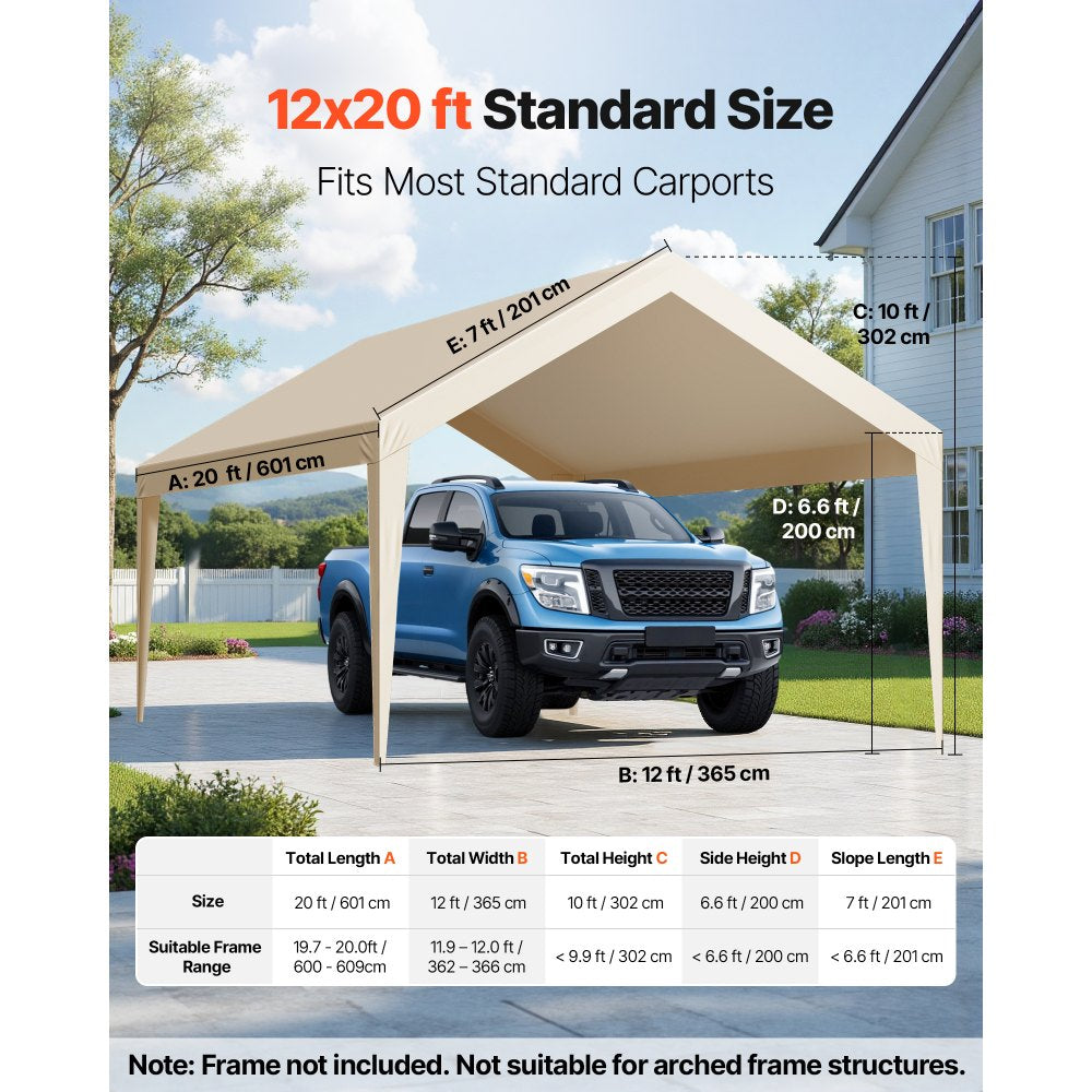 VEVOR Carport Replacement Canopy, 12 x 20 ft Potable Garage Tent Top Tarp, UV-Resistant & Waterproof Car Shelter Tarp
