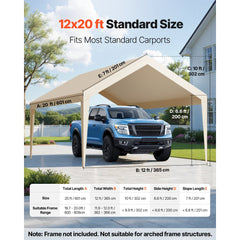 VEVOR Carport Replacement Canopy, 12 x 20 ft Potable Garage Tent Top Tarp, UV-Resistant & Waterproof Car Shelter Tarp