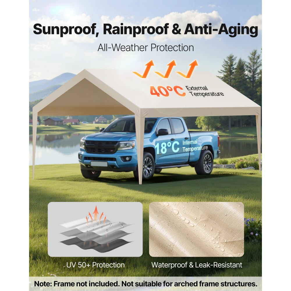 VEVOR Carport Replacement Canopy, 12 x 20 ft Potable Garage Tent Top Tarp, UV-Resistant & Waterproof Car Shelter Tarp