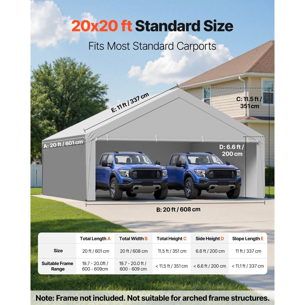 VEVOR Carport Replacement Canopy, 20 x 20 ft Potable Garage Tent Top Tarp with Sidewalls, UV-Resistant & Waterproof
