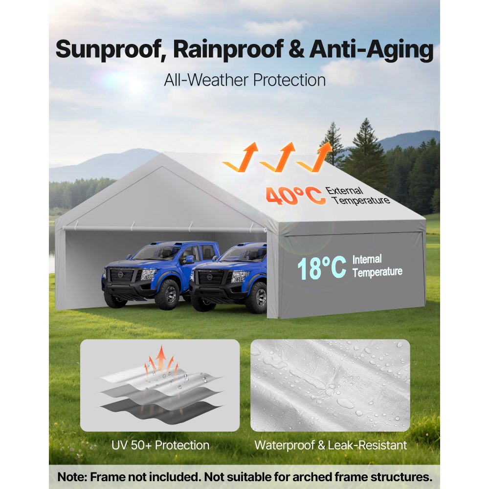 VEVOR Carport Replacement Canopy, 20 x 20 ft Potable Garage Tent Top Tarp with Sidewalls, UV-Resistant & Waterproof