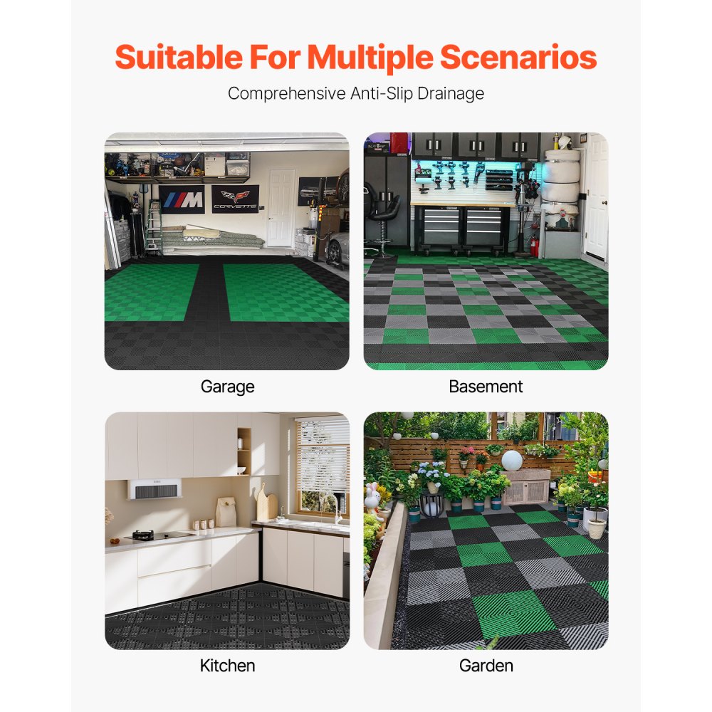 VEVOR Interlocking Drainage Mat, 12" x 12" Modular Interlocking Cushion, 55 Pcs Splicing Drainage Mats, Non-Slip Black