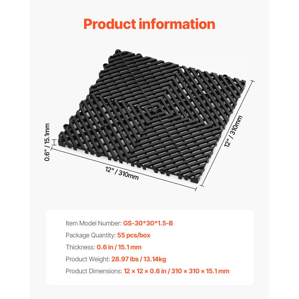 VEVOR Interlocking Drainage Mat, 12" x 12" Modular Interlocking Cushion, 55 Pcs Splicing Drainage Mats, Non-Slip Black
