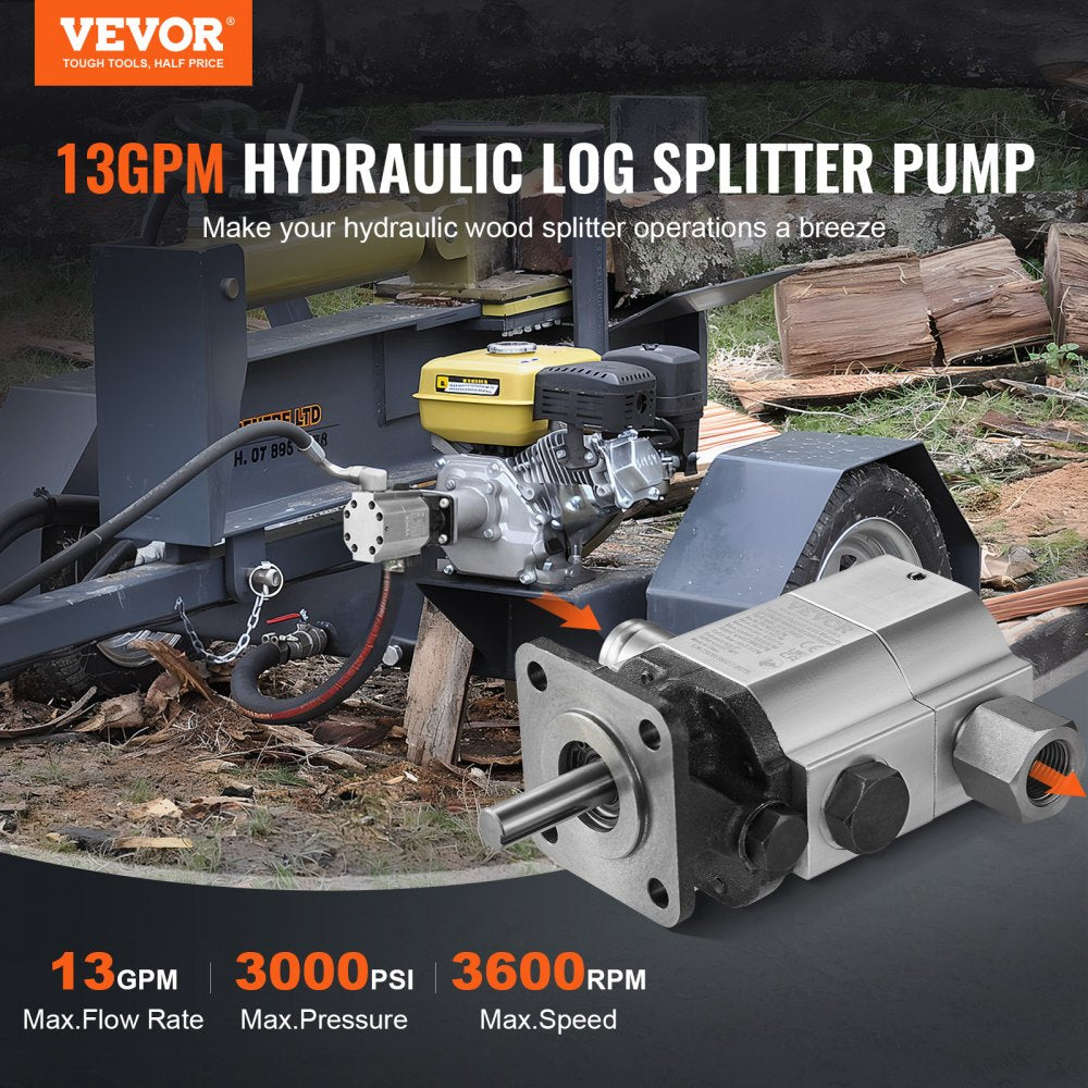 VEVOR Hydraulic Log Splitter Pump, 13GPM, 2 Stage 3000PSI Wood Log Splitter Pump, 1'' Inlet 1/2'' NPT Outlet 3600 RPM