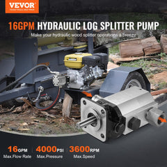 VEVOR Hydraulic Log Splitter Pump, 16GPM, 2 Stage 4000PSI Wood Log Splitter Pump, 1'' Inlet 1/2'' NPT Outlet 3600 RPM