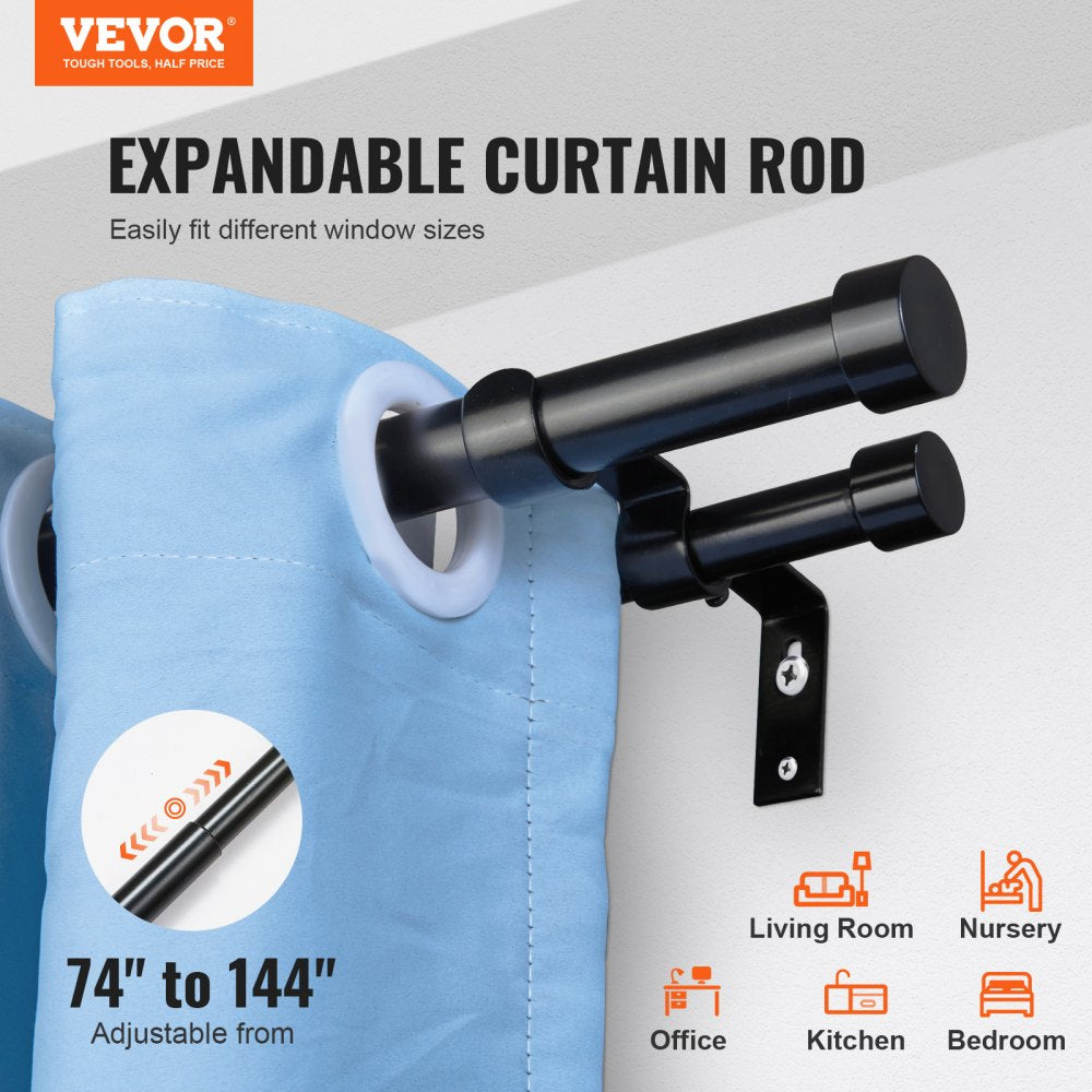 VEVOR 1 Inch Double Curtain Rods 74 to 144 Inches(6-12ft), Drapery Rods for Windows 69 to 140 Inches, Telescoping Dual