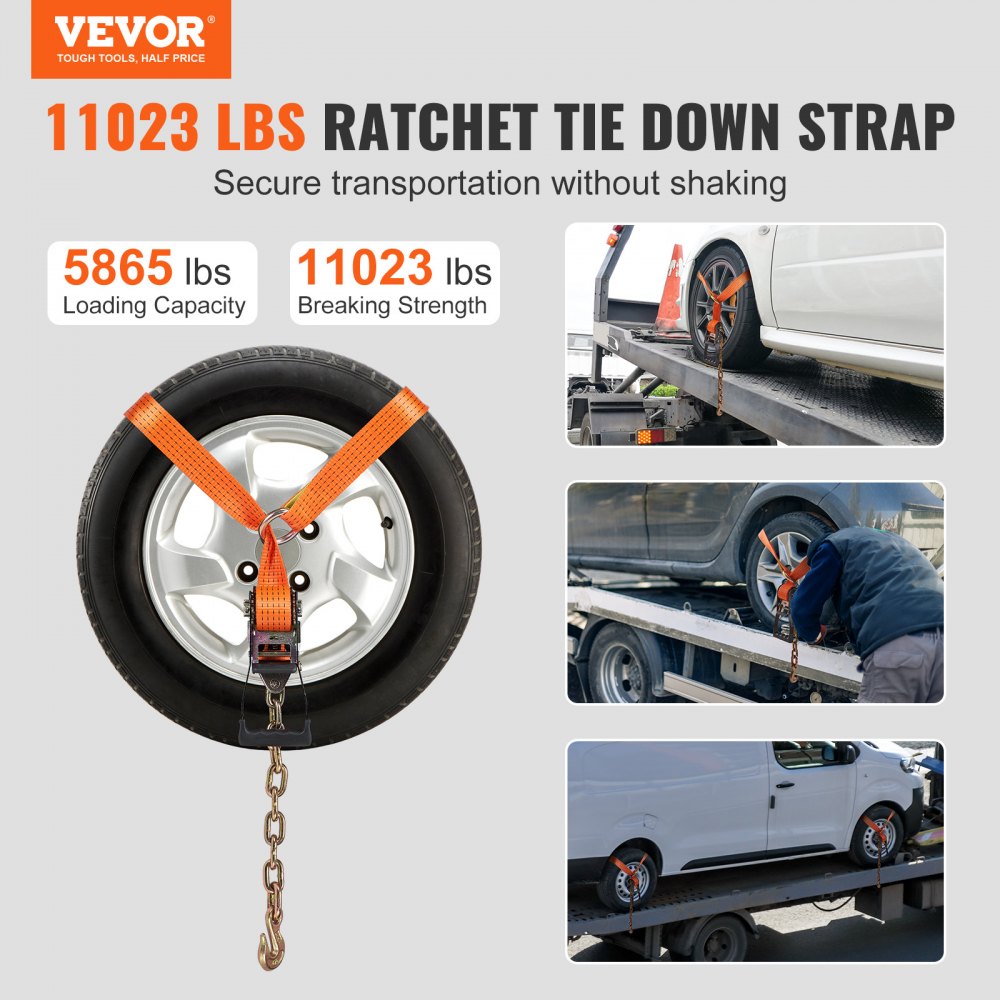 VEVOR Car Tie Down with Chain Anchors, Lasso Style 2"×120" Tire Straps, 5865 LBS Working Load, 11023 LBS Breaking