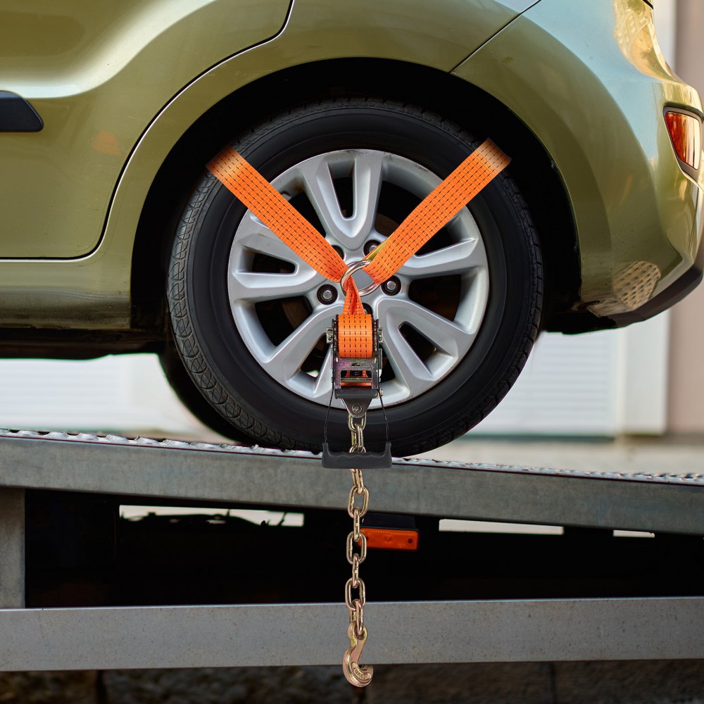 VEVOR Car Tie Down with Chain Anchors, Lasso Style 2"×120" Tire Straps, 5865 LBS Working Load, 11023 LBS Breaking