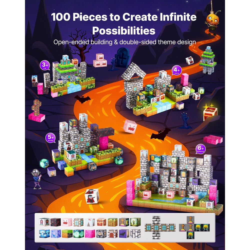 VEVOR Magnetic Blocks, 100 PCS Cemetery Zombies Set, Magnetic Building Cubes for Kids, STEM Montessori Sensory Toys for