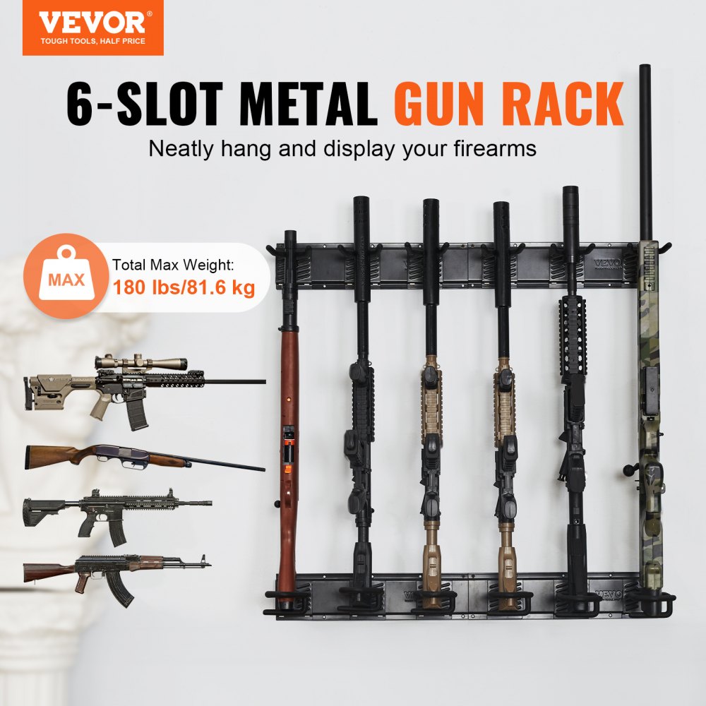VEVOR Gun Rack, Indoor Gun Rack Wall Mount, 6-Slot Vertical Rifle Shotgun Gun Rack, 180 lb Heavy Duty Metal Wall Gun