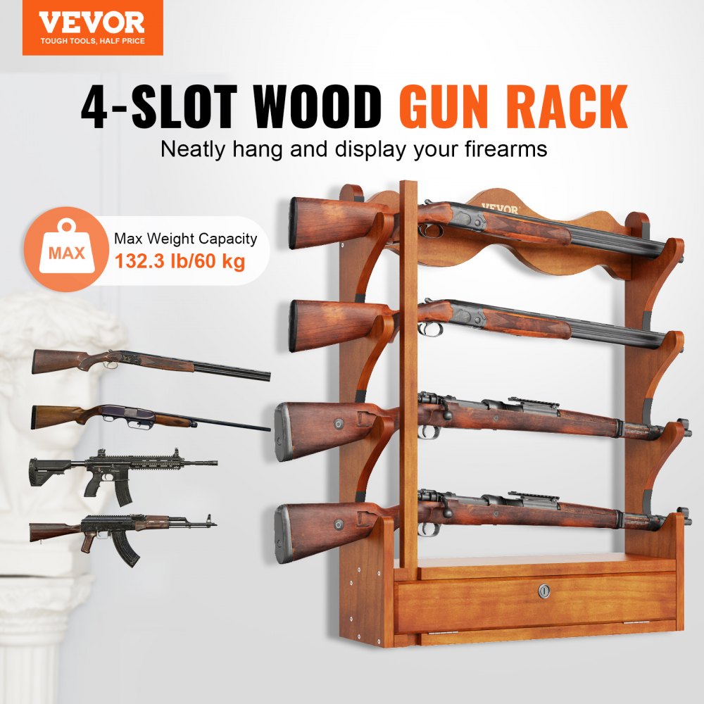 VEVOE Gun Rack, Wood Gun Rack Wall Mount, Gun Display Rack holds 4 Rifles, Shotguns, 132 lb Heavy Duty Wall Storage