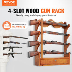 VEVOE Gun Rack, Wood Gun Rack Wall Mount, Gun Display Rack holds 4 Rifles, Shotguns, 132 lb Heavy Duty Wall Storage