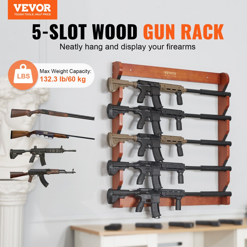 VEVOR Gun Rack, Wood Gun Rack Wall Mount, Gun Display Rack holds 5 Rifles, Shotguns, 132 lb Heavy Duty Wall Storage