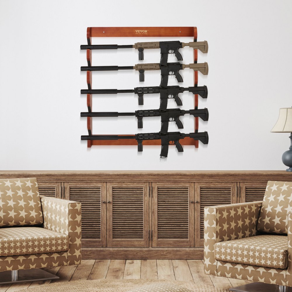 VEVOR Gun Rack, Wood Gun Rack Wall Mount, Gun Display Rack holds 5 Rifles, Shotguns, 132 lb Heavy Duty Wall Storage