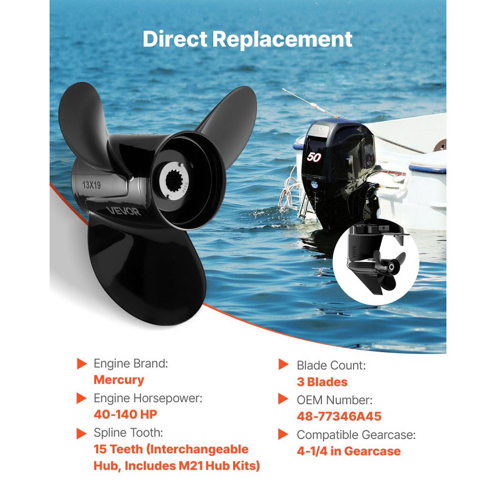 VEVOR Outboard Propeller, Upgrade OEM 15 Spline Tooth Aluminum Outboard Boat Propeller Fit Mercury Engines 40-140 HP