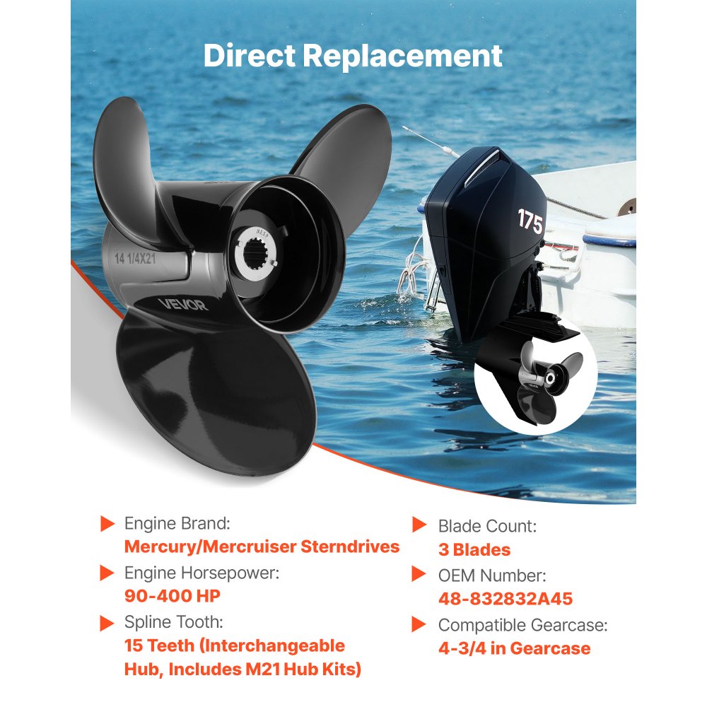 VEVOR Outboard Propeller, Upgrade OEM 15 Spline Tooth Aluminum Outboard Boat Propeller Fit Mercury/Mariner Engines