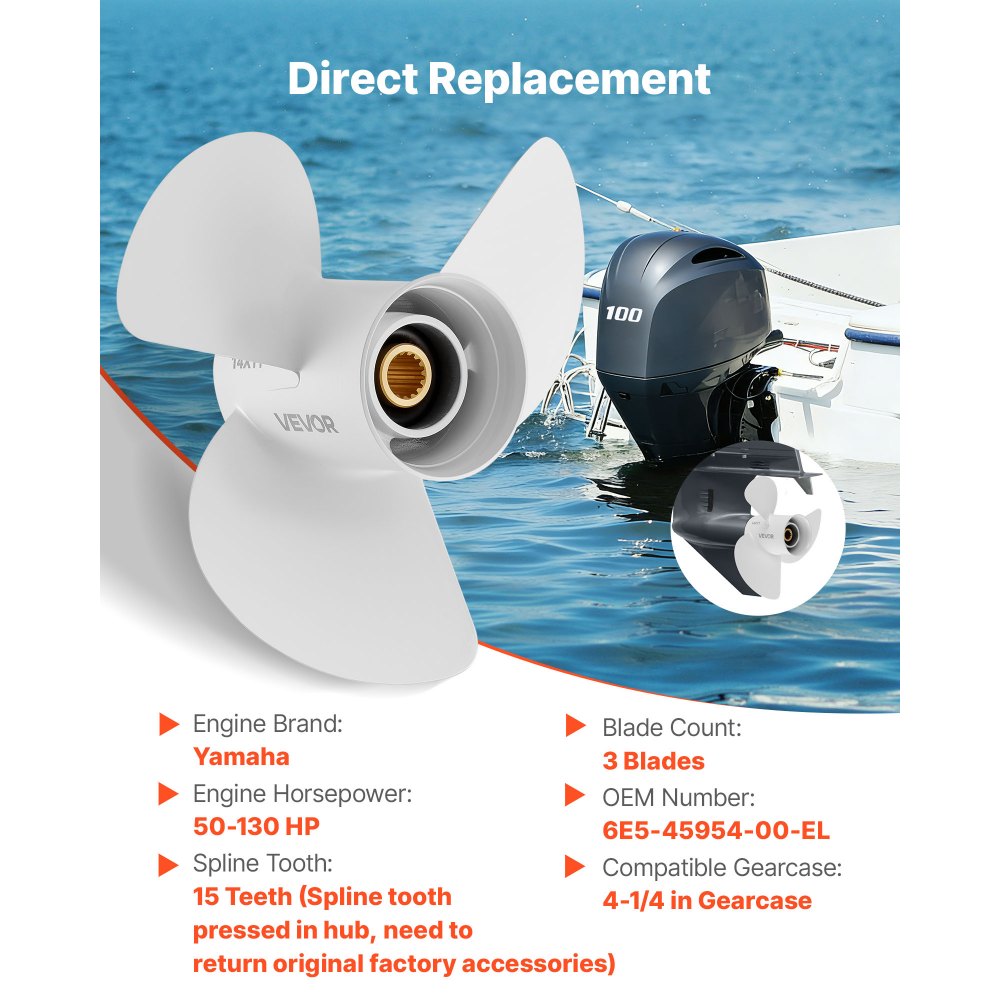 VEVOR Outboard Propeller, Upgrade OEM 15 Spline Tooth Aluminum Outboard Boat Propeller Fit Yamaha Engines 50-130 HP