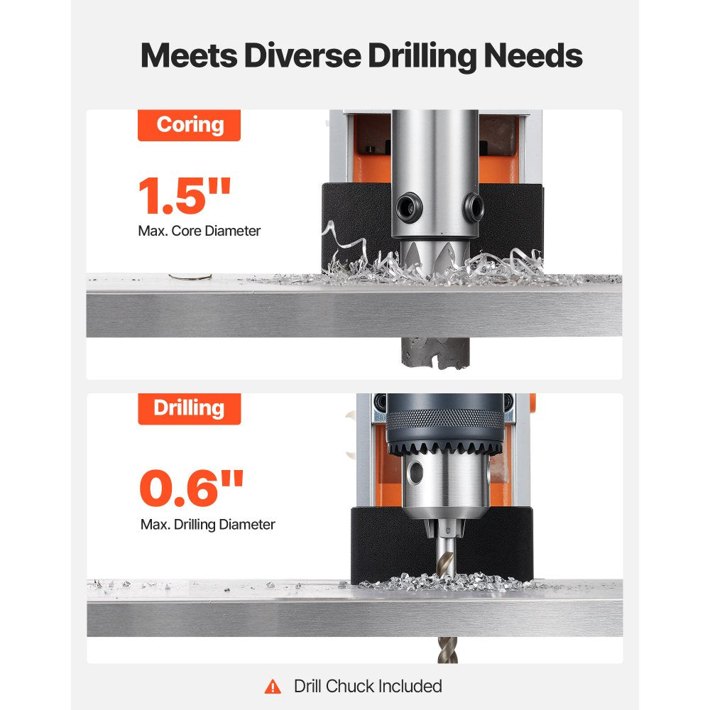 VEVOR Magnetic Drill Press, 1200 W, 1.5 in Boring Diameter, 2248 lbf Power Mag Drill Press, 900 RPM Speed, with Weldon