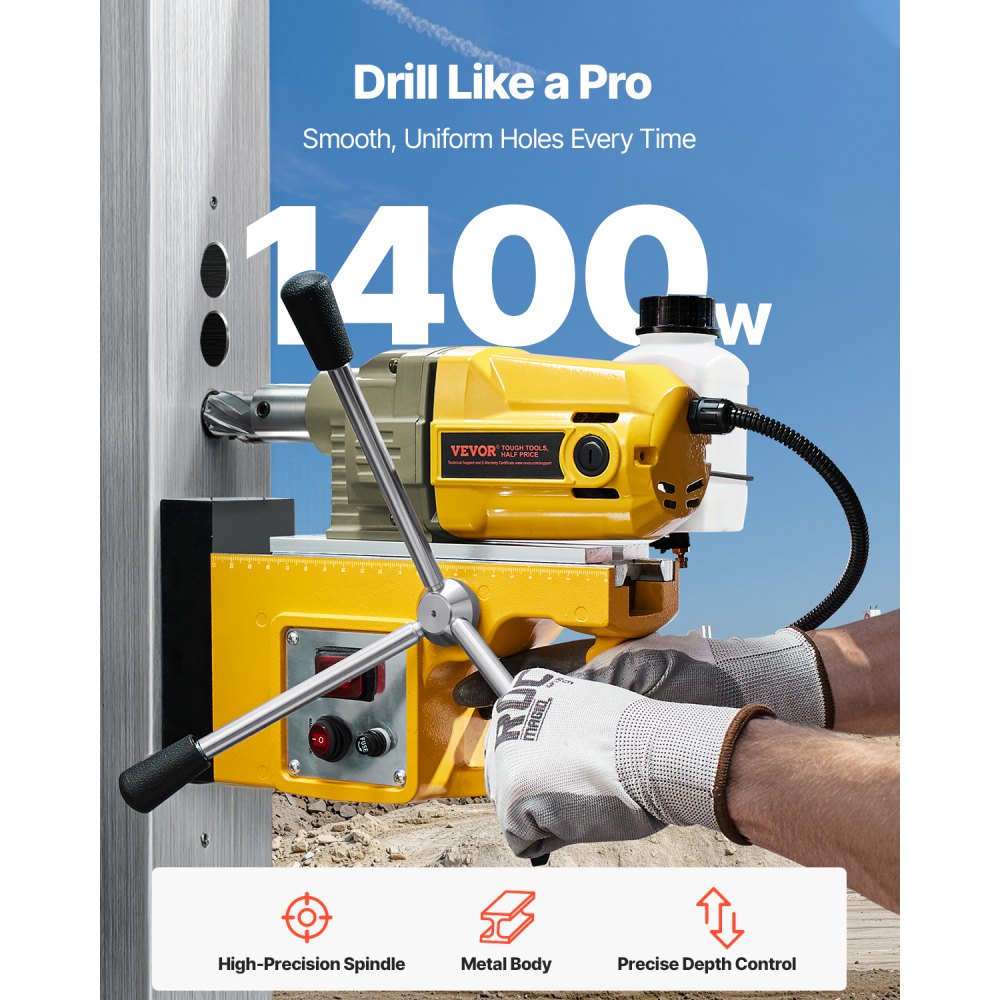 VEVOR Magnetic Drill, 1400W Motor 1.6 in Boring Diameter, 2810 lbf Portable Electric Mag Drill Press, 800 RPM No-Load