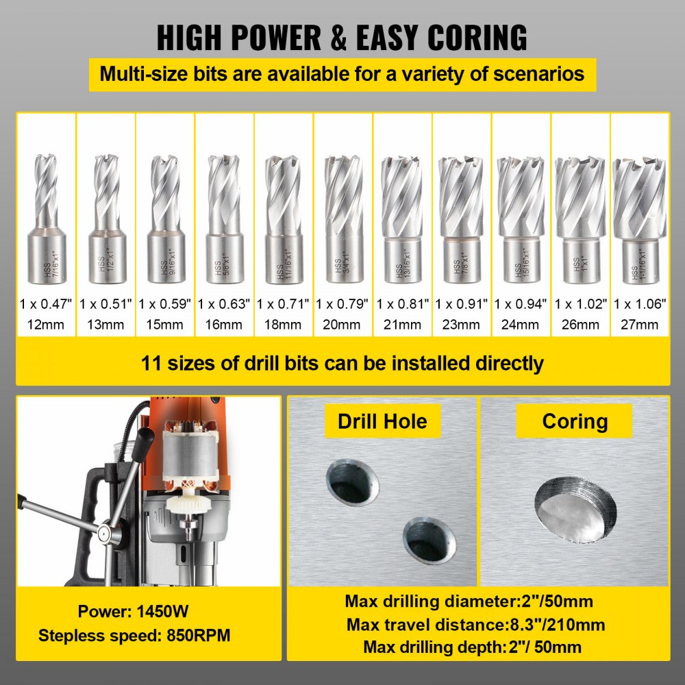 VEVOR Magnetic Drill 1450W Magnetic Drill Press with 2Inch Boring Diameter Annular Cutter Machine 2900 LBS 11pcs HSS