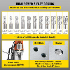 VEVOR Magnetic Drill 1450W Magnetic Drill Press with 2Inch Boring Diameter Annular Cutter Machine 2900 LBS 11pcs HSS