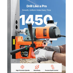VEVOR Magnetic Drill, 1450W Motor 1.6 in Boring Diameter, 2810 lbf Portable Electric Mag Drill Press, with 2 Coring