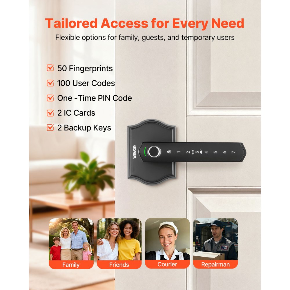 VEVOR Fingerprint Door Lock Set, Electronic Biometric Knob Keyless Entry Door Lock with Handle, Auto Locking, One-Time