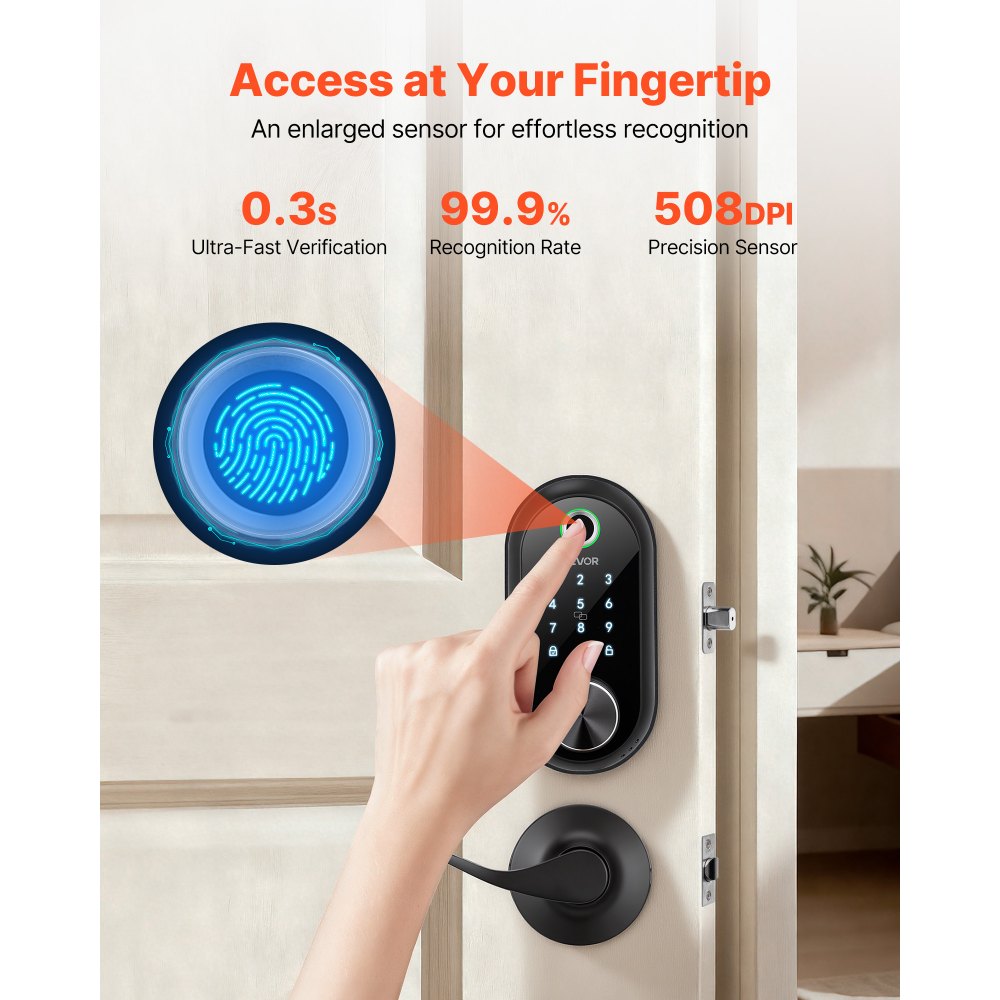 VEVOR Fingerprint Door Lock Set, Electronic Biometric Deadbolt Keyless Entry Door Lock with Handle, Touchscreen, Auto