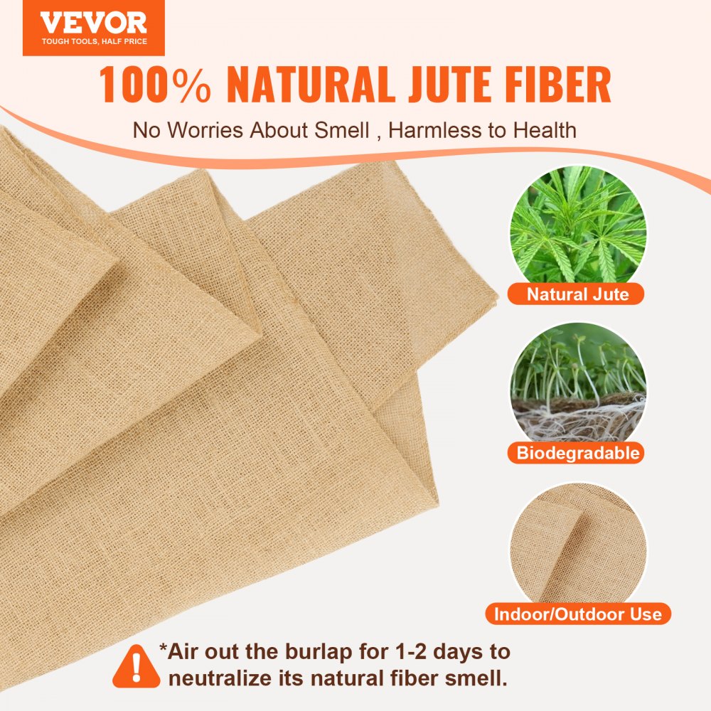 VEVOR Burlap Fabric Roll, 14" x 150 ft & 50 x 50 High Density Wide Natural Burlap Fabric Rolls, Jute Fabric Burlap Tree