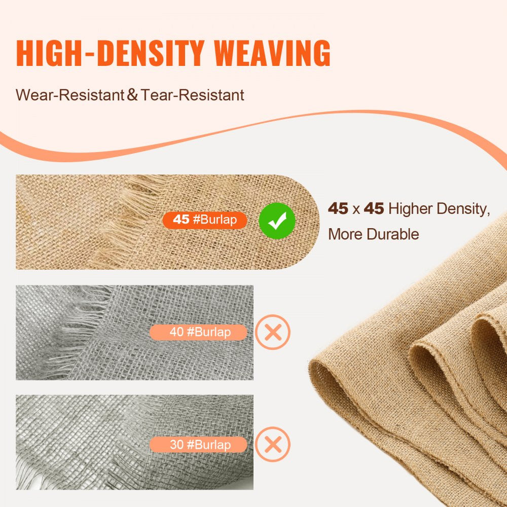 VEVOR Burlap Fabric Roll, 14" x 150 ft & 50 x 50 High Density Wide Natural Burlap Fabric Rolls, Jute Fabric Burlap Tree