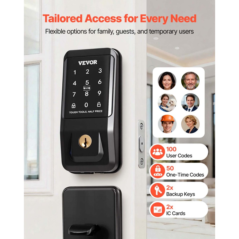 VEVOR Keyless Entry Door Lock with Handle Set, Touchpad Electronic Deadbolt with IC Card, Customizable User Codes