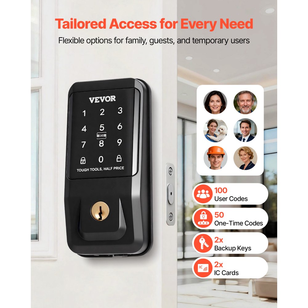 VEVOR Keyless Entry Door Lock, Touchpad Electronic Deadbolt with IC Card, Customizable User Codes, Keyed Entry, Auto