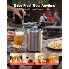 VEVOR 64oz Mini Keg, Pressurized Growler Tap System, 304 Stainless Steel Beer Kit, with Co2 Regulator, Self-Closing