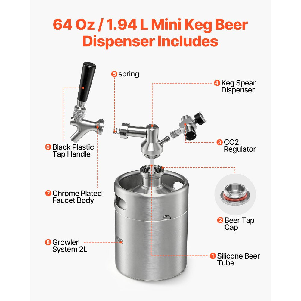 VEVOR 64oz Mini Keg, Pressurized Growler Tap System, 304 Stainless Steel Beer Kit, with Co2 Regulator, Self-Closing