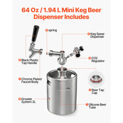 VEVOR 64oz Mini Keg, Pressurized Growler Tap System, 304 Stainless Steel Beer Kit, with Co2 Regulator, Self-Closing
