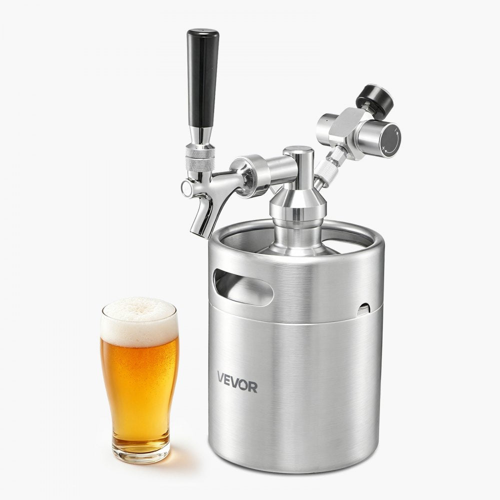 VEVOR 64oz Mini Keg, Pressurized Growler Tap System, 304 Stainless Steel Beer Kit, with Co2 Regulator, Self-Closing