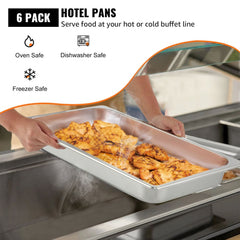 VEVOR 6 Pack Steam Table Pans 20.9 x 12.8 x 2.6 Inch Deep Steam Table Pan Full Size 8.5L Deep Food Container Stainless