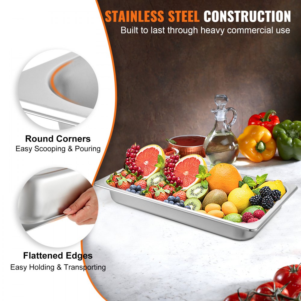 VEVOR 6 Pack Steam Table Pans 20.9 x 12.8 x 2.6 Inch Deep Steam Table Pan Full Size 8.5L Deep Food Container Stainless