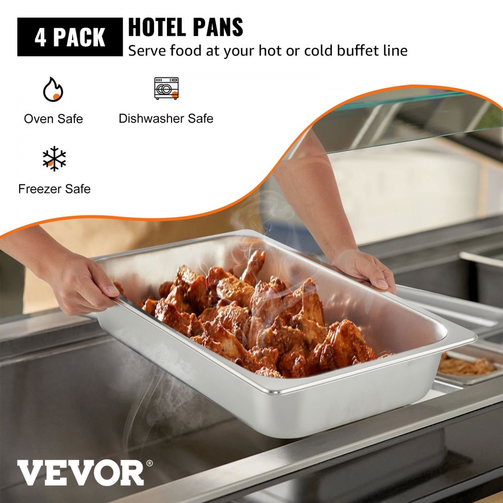 VEVOR 4 Pack Steam Table Pans 20.9 x 12.8 x 3.9 Inch Deep Steam Table Pan Full Size 13L Deep Food Container Stainless