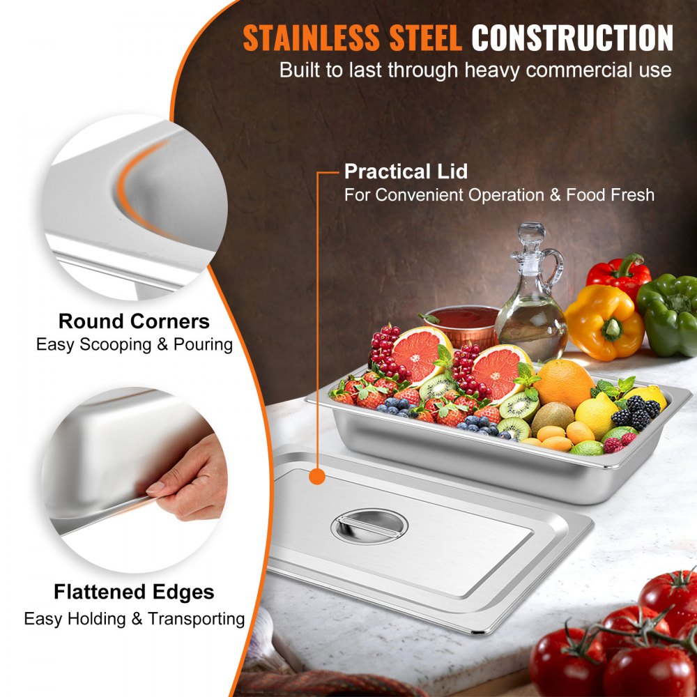 VEVOR 4 Pack Steam Table Pans 20.9 x 12.8 x 3.9 Inch Deep Steam Table Pan Full Size 13L Deep Food Container Stainless