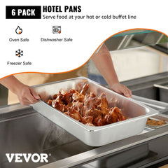 VEVOR 6 Pack Steam Table Pans 20.9 x 12.8 x 3.9 Inch Deep Steam Table Pan Full Size 13L Deep Food Container Stainless