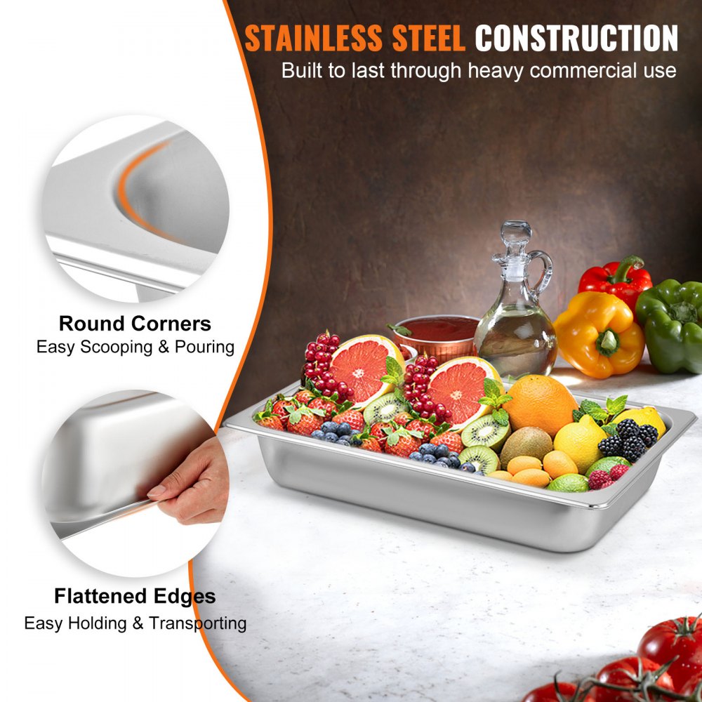 VEVOR 6 Pack Steam Table Pans 20.9 x 12.8 x 3.9 Inch Deep Steam Table Pan Full Size 13L Deep Food Container Stainless