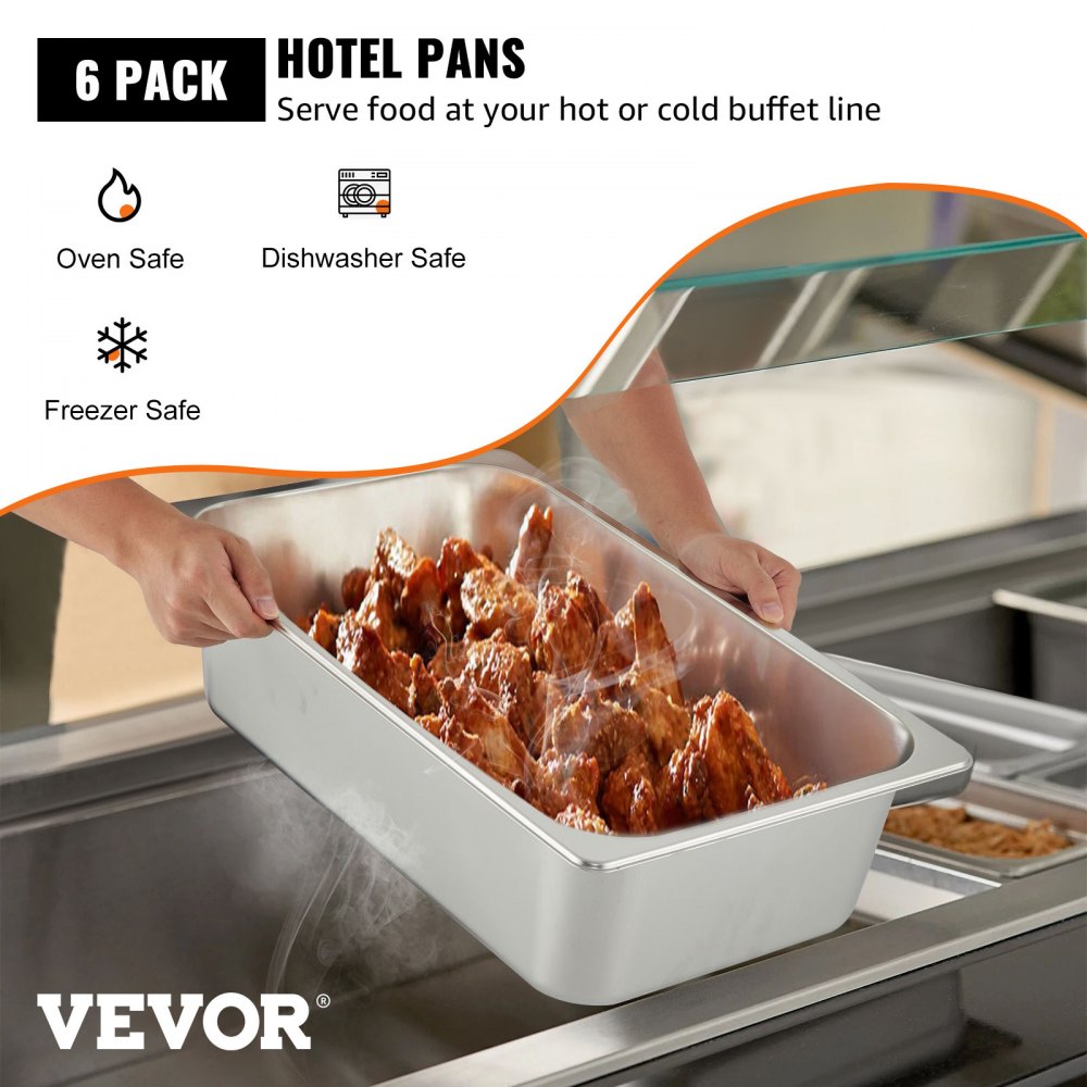 VEVOR 6 Pack Steam Table Pans 20.9 x 12.8 x 5.9 Inch Deep Steam Table Pan Full Size 20.5L Deep Food Container Stainless