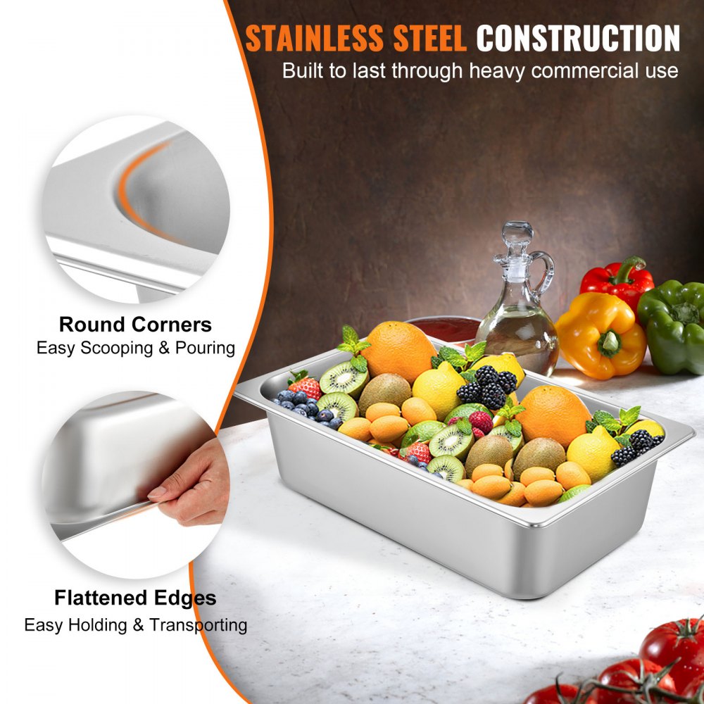 VEVOR 6 Pack Steam Table Pans 20.9 x 12.8 x 5.9 Inch Deep Steam Table Pan Full Size 20.5L Deep Food Container Stainless
