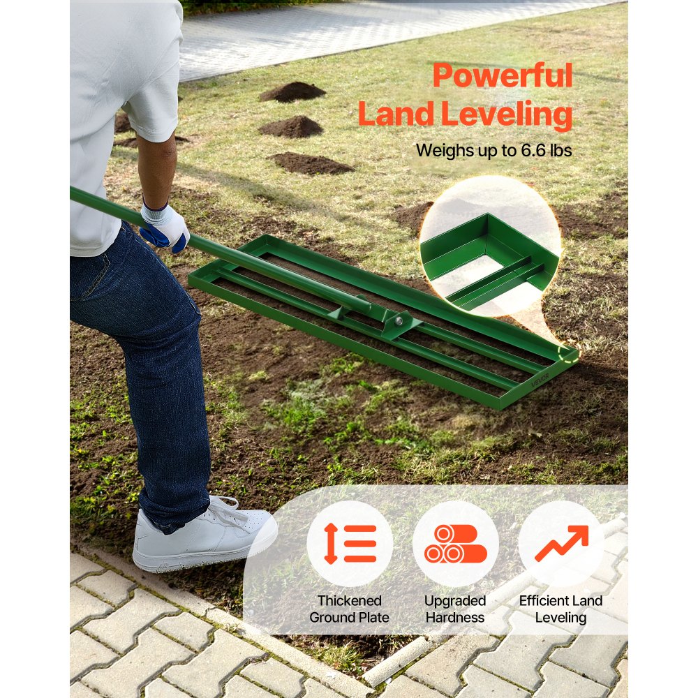 VEVOR Lawn Leveling Rake, 36"x10" Level Lawn Tool, Heavy-duty Lawn Leveler with 78" Steel Extended Handle, Yard