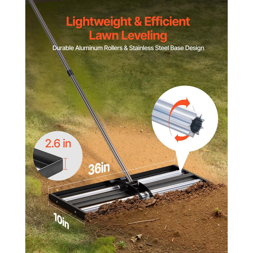 VEVOR Updated Lawn Leveling Rake with Roller, 36" x 10" Stainless Steel Lawn Leveler with 83.9" Adjustable Handle