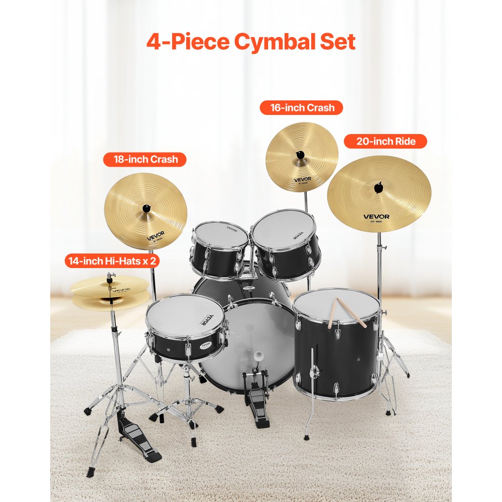 VEVOR Cymbal Pack, 4 Pieces Cymbals for Drum Set, Alloy Cymbals Drum Set Includes 14-inch Hi-Hats, 16-inch Crash